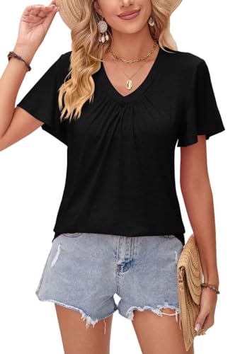 Teesho Damen Tshirt V-Ausschnitt Baumwolle Elegant Oberteile Kurzarm Top Sommer Casual Shirts (schwarz/L) von Teesho