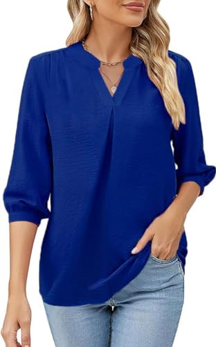 Teesho Damenblusen 3/4 Arm Elegant Oversize Hemdbluse V-Ausschnitt Tunika Shirt Oberteil Locker Longshirt Tops (Blau/L) von Teesho