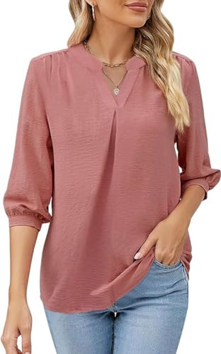 Teesho Damenblusen 3/4 Arm Elegant Oversize Hemdbluse V-Ausschnitt Tunika Shirt Oberteil Locker Longshirt Tops (Rose/L) von Teesho