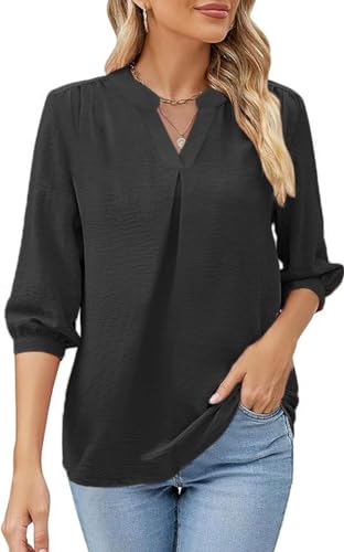 Teesho Damenblusen 3/4 Arm Elegant Oversize Hemdbluse V-Ausschnitt Tunika Shirt Oberteil Locker Longshirt Tops (Schwarz/L) von Teesho