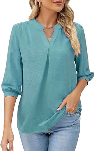 Teesho Damenblusen 3/4 Arm Elegant Oversize Hemdbluse V-Ausschnitt Tunika Shirt Oberteil Locker Longshirt Tops (SeeGrün/S) von Teesho