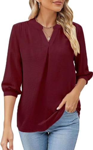 Teesho Damenblusen 3/4 Arm Elegant Oversize Hemdbluse V-Ausschnitt Tunika Shirt Oberteil Locker Longshirt Tops (Weinrot/L) von Teesho