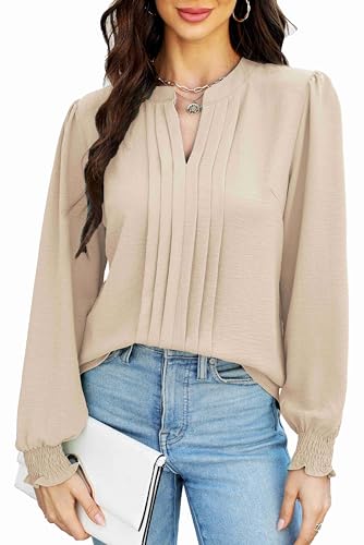 Teesho Damenblusen Elegant V-Ausschnitt Casual Langarm Oberteile Plissee vorne Arbeit Shirts Tunika Hemd Tops (Apricot/L) von Teesho