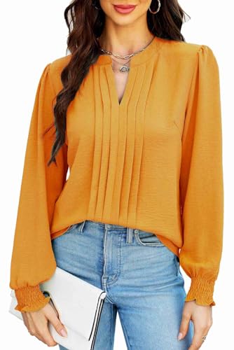 Teesho Damenblusen Elegant V-Ausschnitt Casual Langarm Oberteile Plissee vorne Arbeit Shirts Tunika Hemd Tops (Orange/XXL) von Teesho