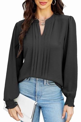 Teesho Damenblusen Elegant V-Ausschnitt Casual Langarm Oberteile Plissee vorne Arbeit Shirts Tunika Hemd Tops (Schwarz/L) von Teesho