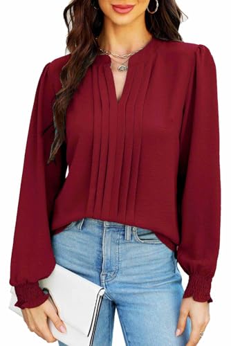 Teesho Damenblusen Elegant V-Ausschnitt Casual Langarm Oberteile Plissee vorne Arbeit Shirts Tunika Hemd Tops (Weinrot/XXL) von Teesho