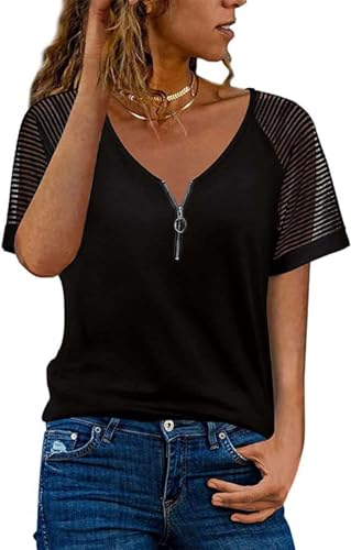 Teesho Damen Tshirt V Ausschnitt Kurzarm Casual Oberteile Elegant Streifen Mesh Bluse Baumwolle Shirt Tops Tunika (Schwarz/M) von Teesho