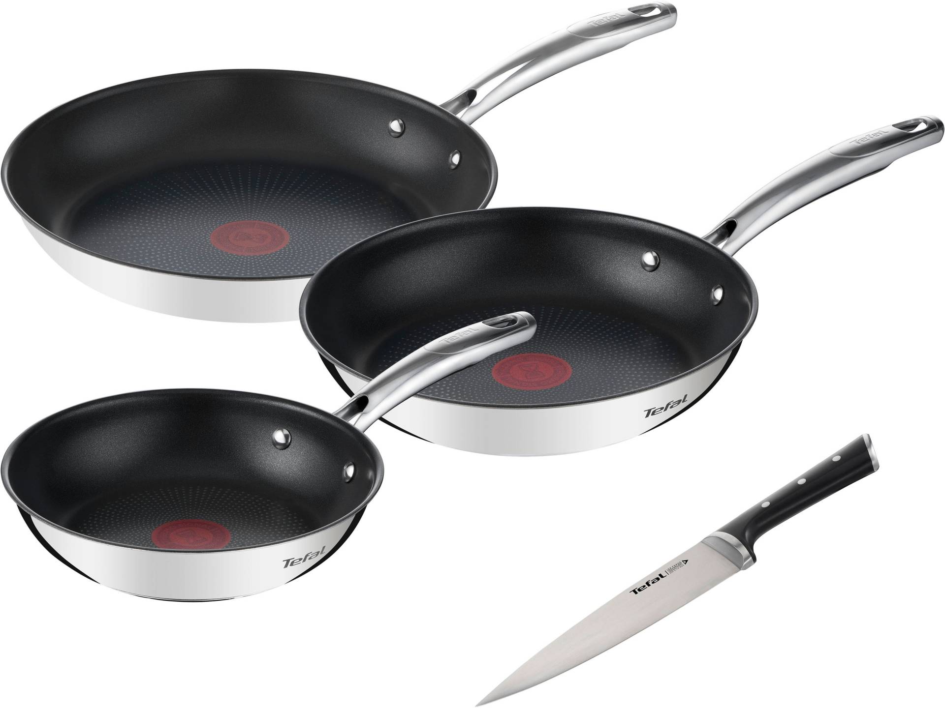 Tefal Pfannen-Set "Duetto+ Ice Force" Edelstahl 18/10 Set, je 1 Bratpfanne Ø 20/24/28 cm, 1 Kochmesser 20 cm, Edelstahl in Premium Qualität, Thermo-Signal, inkl. Kochmesser von Tefal