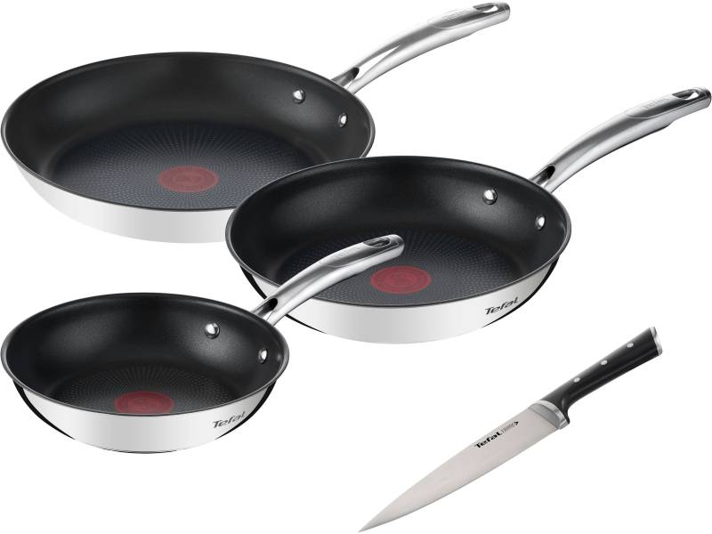 Tefal Pfannen-Set "Duetto+ Ice Force" Edelstahl 18/10 Set, je 1 Bratpfanne Ø 20/24/28 cm, 1 Kochmesser 20 cm, Edelstahl in Premium Qualität, Thermo-Signal, inkl. Kochmesser von Tefal
