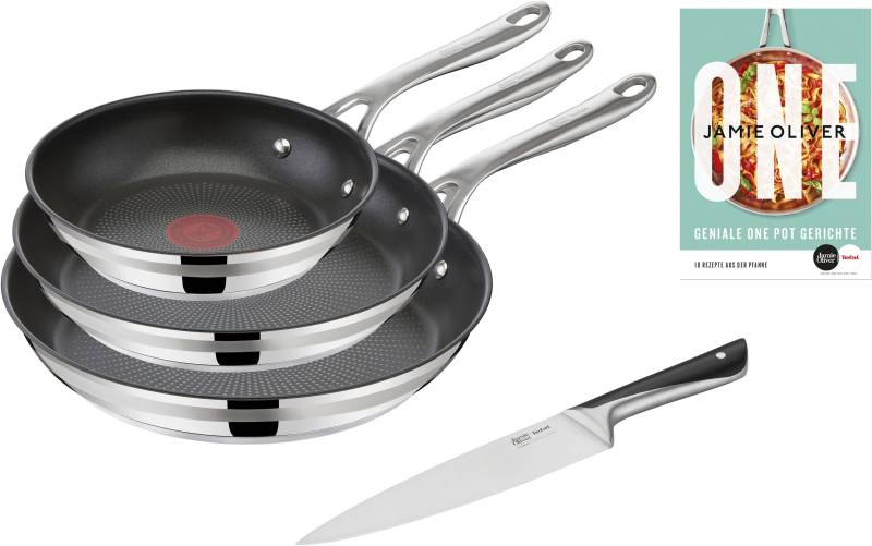 Tefal Pfannen-Set "Jamie Oliver Cook Smart" Edelstahl 18/10 Set, je 1 Pfanne 20/24/28 cm, 1 Kochmesser, stilvolle Edelstahl-Pfannen, inkl. Kochmesser, Rezeptbuch von Tefal