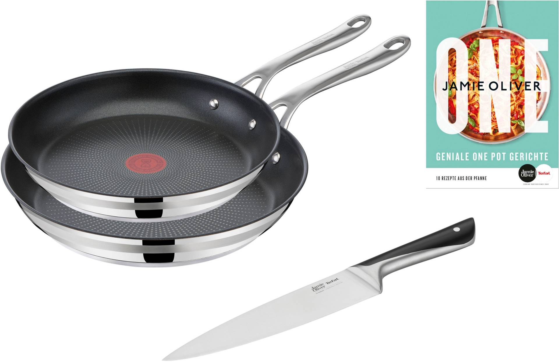 Tefal Pfannen-Set "Jamie Oliver Cook Smart" Edelstahl 18/10 Set, je 1 Pfanne 24 und 28 cm, 1 Kochmesser, stilvolle Edelstahl-Pfannen, inkl. Kochmesser, Rezeptbuch von Tefal