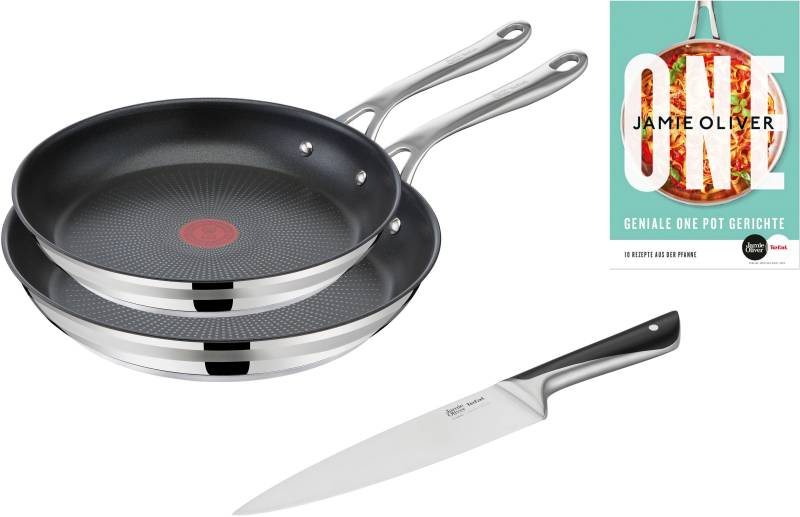 Tefal Pfannen-Set "Jamie Oliver Cook Smart" Edelstahl 18/10 Set, je 1 Pfanne 24 und 28 cm, 1 Kochmesser, stilvolle Edelstahl-Pfannen, inkl. Kochmesser, Rezeptbuch von Tefal