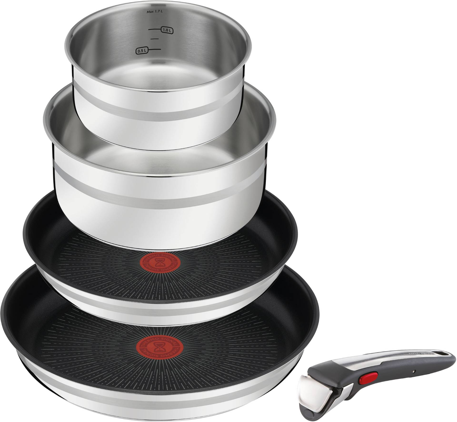 Tefal Pfannen-Set "Jamie Oliver Ingenio G6", Edelstahl, (Set, 5 tlg., Bratpfanne 24/28 cm, Kasserollen 16/20 cm, 1 abnehmbarer Griff), Thermo-Signal, sichere Antihaftversiegelung, alle Herdarten, Induktion von Tefal