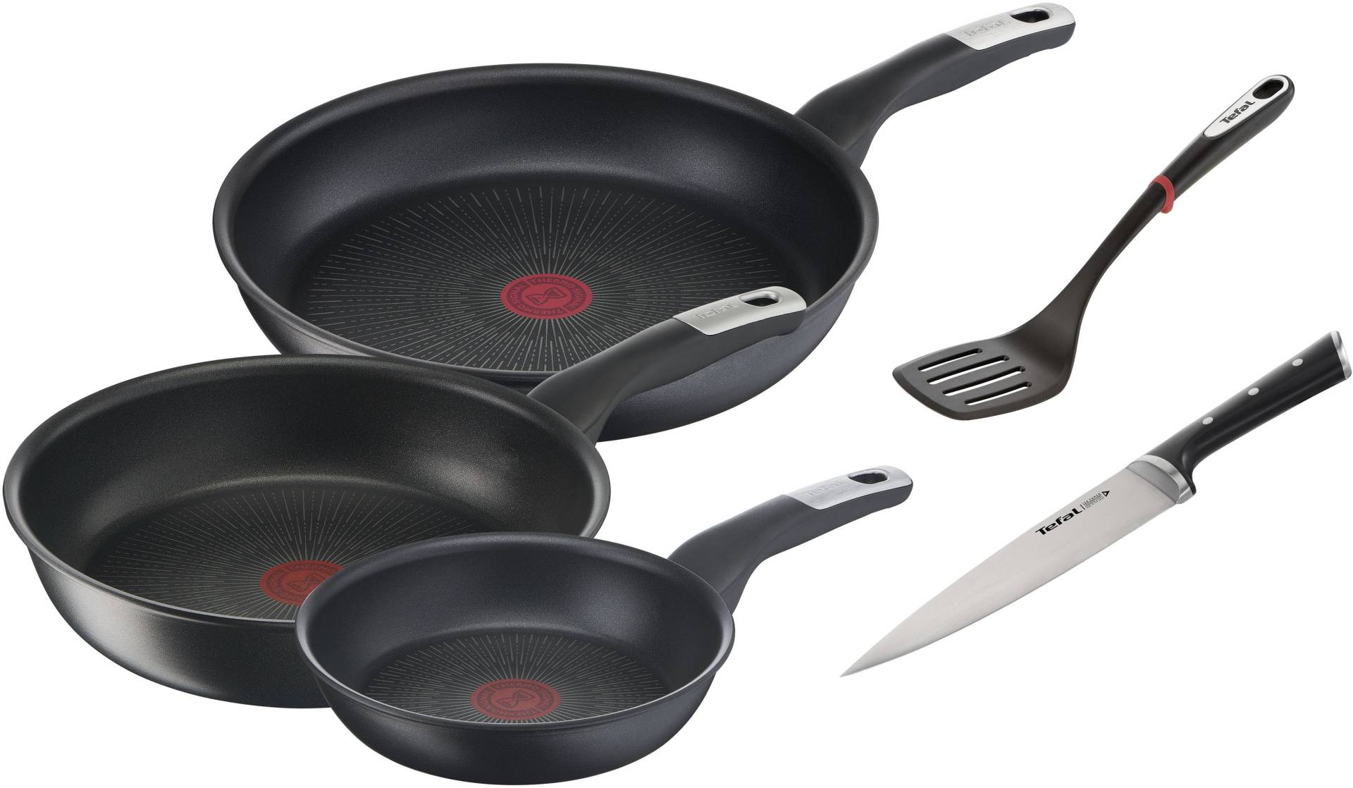Tefal Pfannen-Set "Unlimited Ice Force" Aluminium Set, je 1 Pfanne Ø 24/28 cm, Wok Ø 28 cm, Kochmesser, Bratwender, 5 Stk. tlg. kratzfeste Antihaftversiegelung, Thermo-Signal, inkl. Zubehör von Tefal