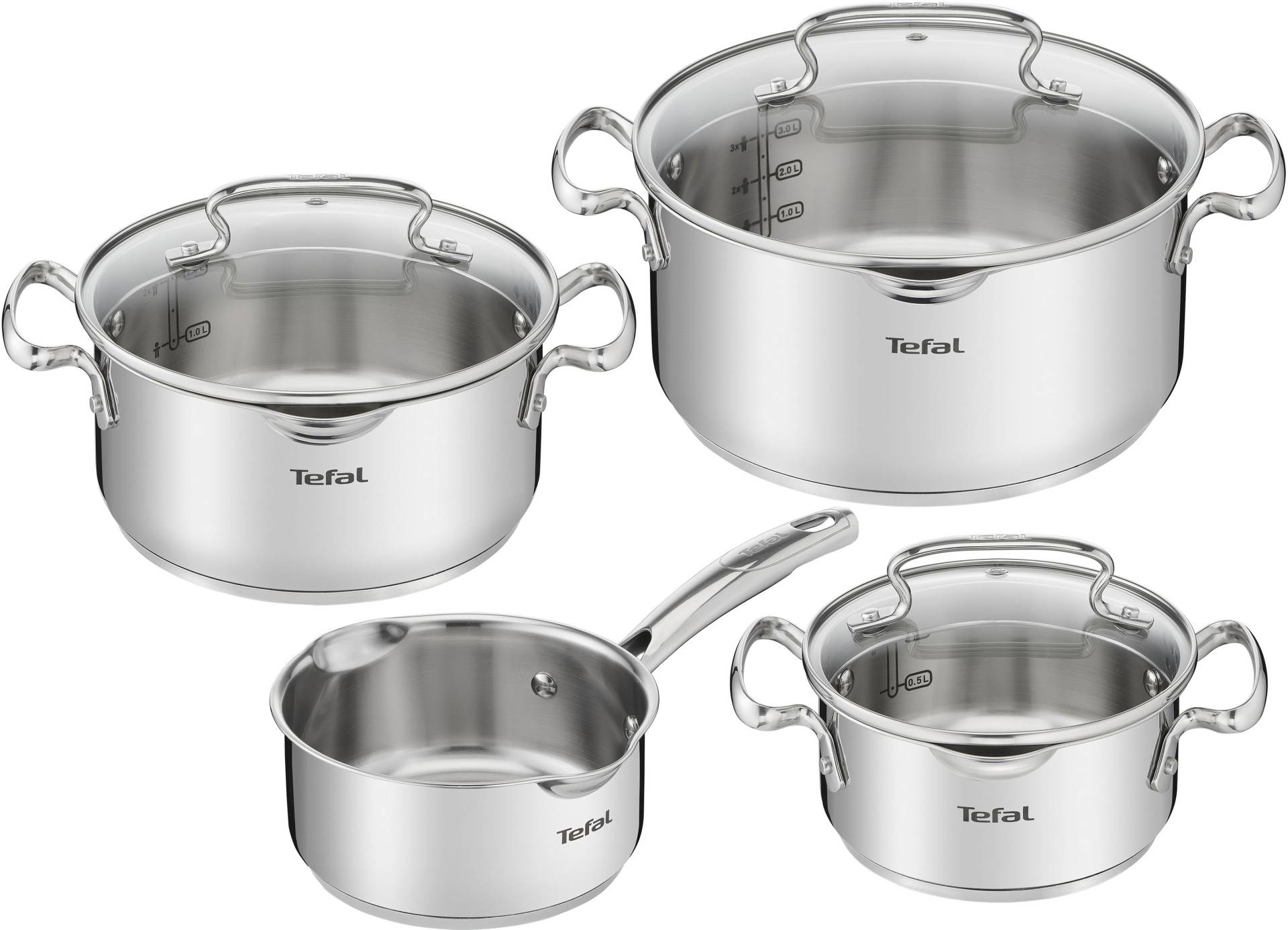 Tefal Topf-Set "Duetto+ G719S7" Edelstahl 18/10 Set, Kochtopf mit Glasdeckel 16/20/24 cm, Stielkasserolle 16 cm, 7 Stk. tlg. hochwertiger Edelstahl, hochglanzpoliert, Glasdeckel mit Siebfunktion von Tefal