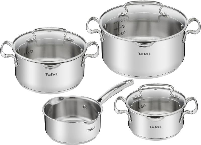 Tefal Topf-Set "Duetto+ G719S7" Edelstahl 18/10 Set, Kochtopf mit Glasdeckel 16/20/24 cm, Stielkasserolle 16 cm, 7 Stk. tlg. hochwertiger Edelstahl, hochglanzpoliert, Glasdeckel mit Siebfunktion von Tefal
