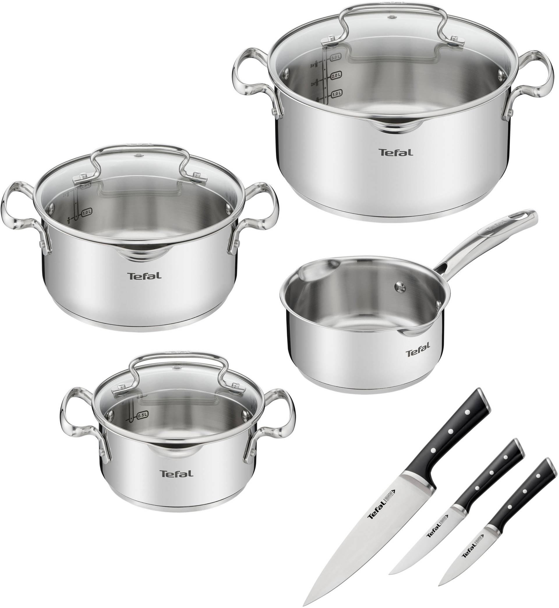 Tefal Topf-Set "G719S7 K2323S74 Duetto+ Ice Force" Edelstahl Set, Kasserolle 16 cm, Töpfe mit Deckel 16/20/24 cm, 10 Stk. tlg. rostfreier Edelstahl, Deckel m. Abgießfunktion, inkl. 3tlg. Messer-Set von Tefal