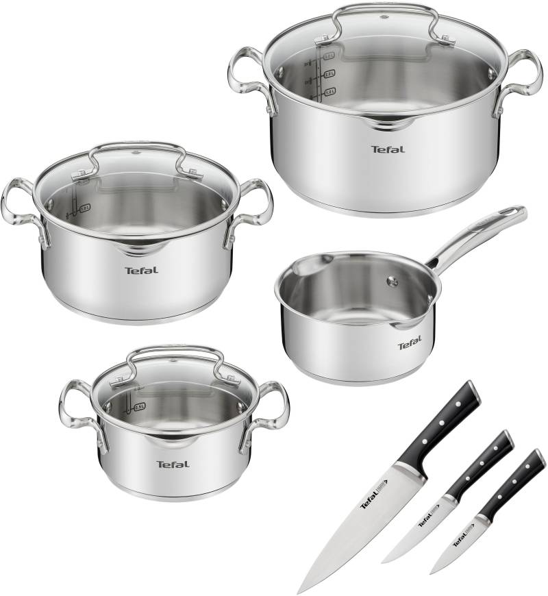 Tefal Topf-Set "G719S7 K2323S74 Duetto+ Ice Force" Edelstahl Set, Kasserolle 16 cm, Töpfe mit Deckel 16/20/24 cm, 10 Stk. tlg. rostfreier Edelstahl, Deckel m. Abgießfunktion, inkl. 3tlg. Messer-Set von Tefal