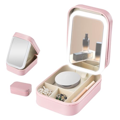 Tefola Kosmetiktasche für Damen, Reise-Make-up-Tasche mit Kosmetikspiegel in 3 Farben LED, tragbarer Make-up-Organizer mit Fach, für Make-up-Pinsel, Lippenstift, Rosa von Tefola