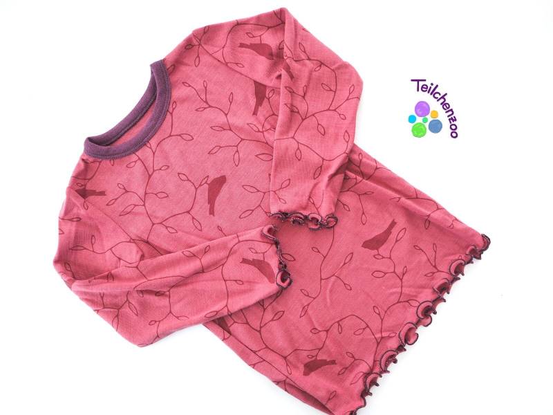 Bio Wolle-Seide Kindershirt Langarm Gr. 80-116 Vögelchen Rüschenärmel von Teilchenzoo
