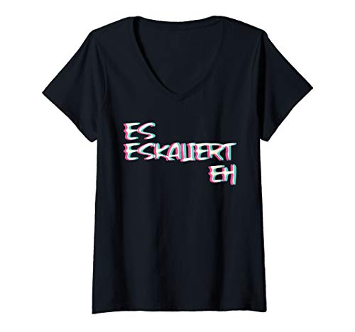 Damen Es Eskaliert Eh Techno Trippy EDM Festival Hardcore Hardtekk T-Shirt mit V-Ausschnitt Damen Es Eskaliert Eh Techno Trippy EDM Festival Hardcore Hardtekk T-Shirt mit V-Ausschnitt von Tekk Rawstyle Glitch Party Outfit Rave Geschenk