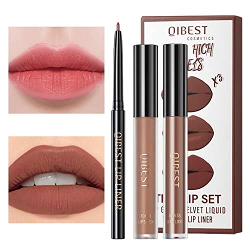 Lippenstift mit Lip Liner Set,Matter flüssiger Lippenstift Lipgloss Lip Liner Pen | Antihaft-Cup Lipgloss Matte Lip Glaze Make-up-Geschenkset für Frauen Mädchen Ganzjähriges Make-up Teksome von Teksome