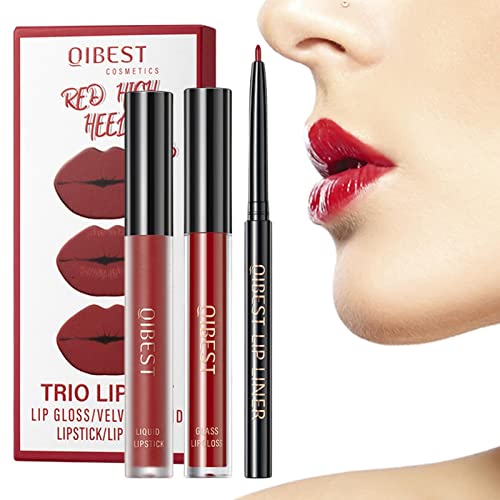 Lippenstift mit Lip Liner Set - Flüssiger Matt-Lippenstift Make-up-Lipliner-Stift - Inklusive 1 Lipgloss + 1 Lip Glaze + 1 Lip Liner, langlebiges Antihaft-Schalen-Make-up-Set für Frauen und Teksome von Teksome