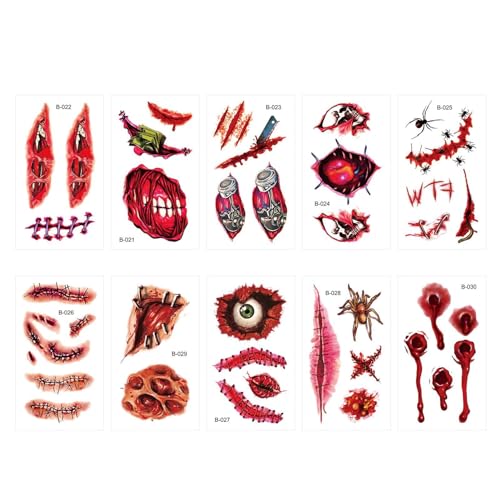 Teksome Halloween-Make-up-Set, Halloween-Temporärer Aufkleber - Lustiger kreativer temporärer Make-up-Aufkleber,10 Stück lustige Halloween-Gesichtsaufkleber, Maskerade-Narbe-Horror-Gesichtsaufkleber, von Teksome