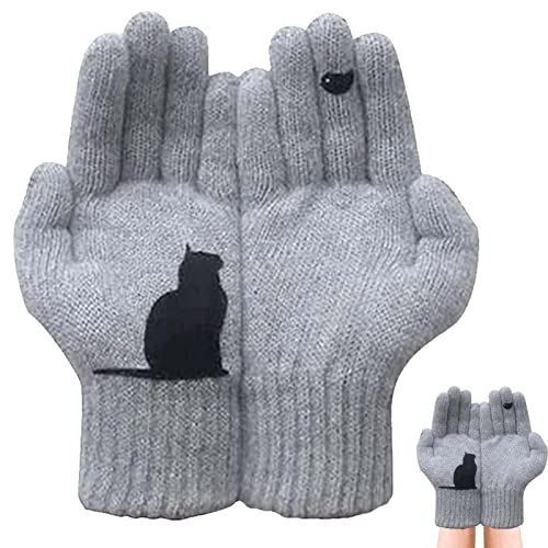 Teksome Katzenhandschuhe Fäustlinge, schöne Katzen-Fan-Baumwollhandschuhe | warme Strickhandschuhe für Damen, Nähte, Druck, volle Finger, Winter, Outdoor, Thermo-Fäustling, grau, 1 von Teksome