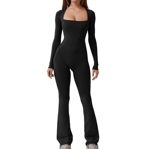 Teksome Langarm-Jumpsuits | Langärmeliger Bodycon-Jumpsuit – weites Bein, figurbetonter Strampler, Geburtstagsgeschenk für Teenager-Mädchen, Schwa , L von Teksome