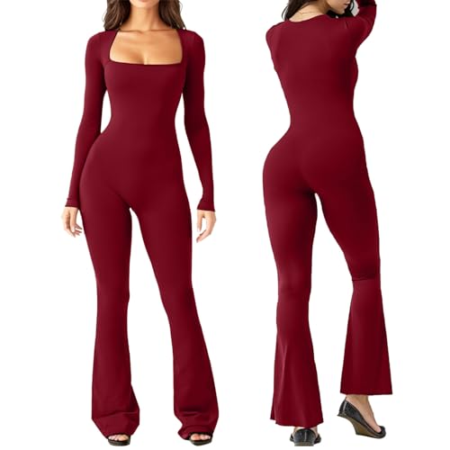 Teksome Langarm-Jumpsuits | Langärmeliger Bodycon-Jumpsuit – weites Bein, figurbetonter Strampler, Geburtstagsgeschenk für Teenager-Mädchen, weinrot, L von Teksome