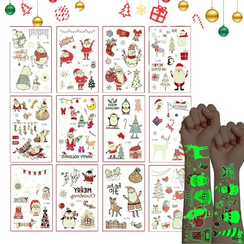 Weihnachts-Glühaufkleber – 12 Blatt leuchtende Weihnachts Tatt-oos für Kinder, Strumpffüller, Geschenke, Partyzubehör, Dekorationen, Feiertags Tatt-oos, Aufkleber, Spielzeug für Kinder von Teksome