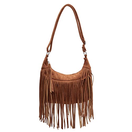 Tekzitfuir Damen-Umhängetasche mit Fransen, Hippie-Umhängetasche, Wildlederimitat, Hobo-Quaste, Kuriertasche, Boho-Geldbörse, Braun von Tekzitfuir