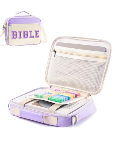 Telawsfun Bibelhülle mit großem Chenille-Buchstaben, rosa Bibelhalter mit Schultergurt, niedliche Bibel-Tragetasche für Damen, Teenager, Mädchen (lila) von Telawsfun