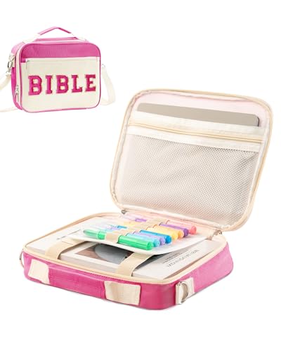 Telawsfun Bibelhülle mit großem Chenille-Buchstaben, rosa Bibelhalter mit Schultergurt, niedliche Bibel-Tragetasche für Damen, Teenager, Mädchen (rot) von Telawsfun