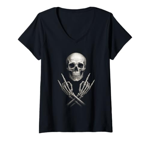 Damen Rocker Skull mit skeletischen Händen Rockhörner T-Shirt mit V-Ausschnitt Damen Rocker Skull mit skeletischen Händen Rockhörner T-Shirt mit V-Ausschnitt von TeleAdhesivo Rock And Roll Música Vintage