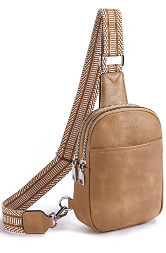 Telena Bauchtasche Damen, Damen Umhängetasche Klein Crossbody Bag PU Leder Sport Schultertasche Stylisch Sling Bag,Hellbraun von Telena