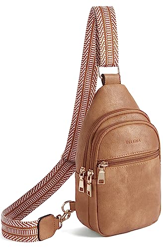 Telena Bauchtasche Damen, Sling Rucksack für Damen Umhängetasche Klein Crossbody Bag Kunstleder Frauen Sling Bag,Hellbraun von Telena