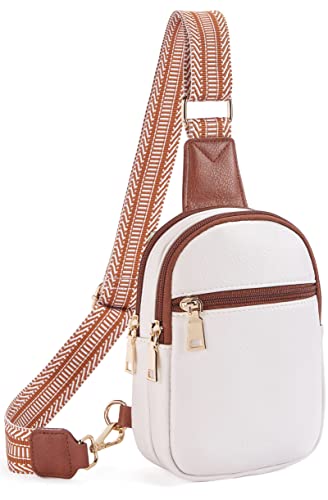 Telena Bauchtasche Damen Brusttasche, Crossbody Bag Kunstleder Umhängetasche Klein Schultertasche für Frauen Sling Bag,Beige mit Braun von Telena