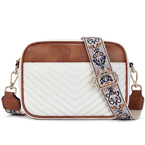 Telena Damen Handy Umhängetasche, Crossbody Bag mit verstellbarem Breiter Gurt, PU Leder Gesteppte Umhängetasche für Damen Beige Braun von Telena