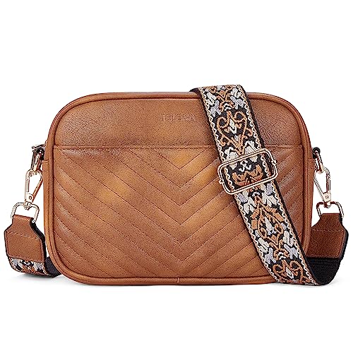 Telena Damen Handy Umhängetasche, Crossbody Bag mit verstellbarem Breiter Gurt, PU Leder Gesteppte Umhängetasche für Damen Braun von Telena