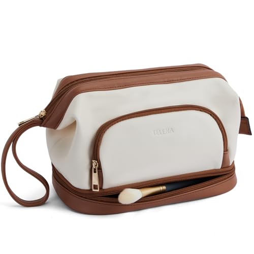 Telena Leder Makeup Bag Tasche Damen, Reise Kosmetiktasche Kulturtasche Doppelschicht Tragbare Leder Make up Tasche Kulturbeutel für Frauen Beige mit Braun von Telena