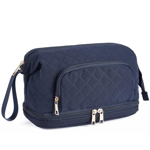 Telena Makeup Bag Tasche Damen, Große Reise Kosmetiktasche Kulturtasche, Doppelschicht Tragbare Make up Tasche Kulturbeutel Kosmetikkoffer für Frauen Blau von Telena