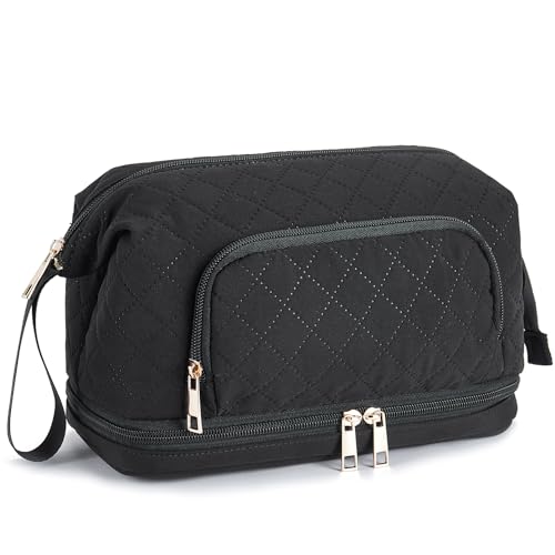 Telena Makeup Bag Tasche Damen, Große Reise Kosmetiktasche Kulturtasche, Doppelschicht Tragbare Make up Tasche Kulturbeutel Kosmetikkoffer für Frauen Schwarz von Telena