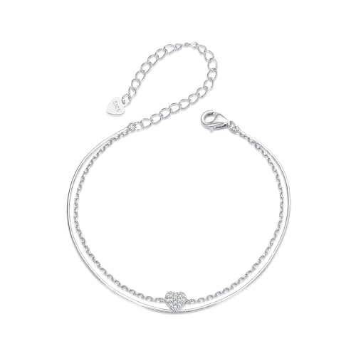 Double-Layer Sparkling Heart Armband, 925 Sterling Silber Armband für Frauen von Teleye