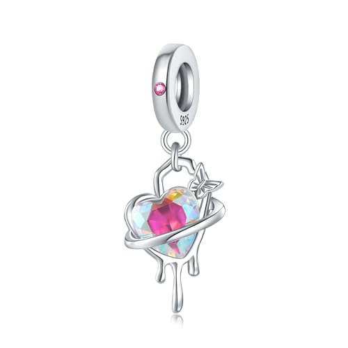 Flüssiges Herz - geformt buntes Glas Schmetterling Anhänger Charm, 925 Sterling Silber Charm Armband Zubehör, kompatibel mit Pandora Armband Halskette von Teleye