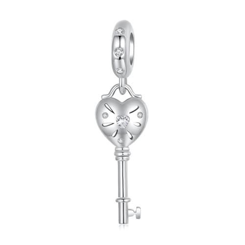 Herz-Schlüssel-Anhänger Charm 925 Sterling Silber Charm passt für Pandora Armband Halskette, SCC2885-A von Teleye