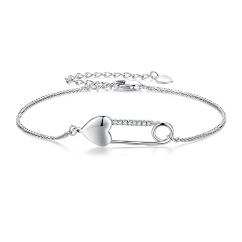 Herzförmiges Sicherheitsnadelarmband, 925 Sterling Silber Armband für Frauen von Teleye