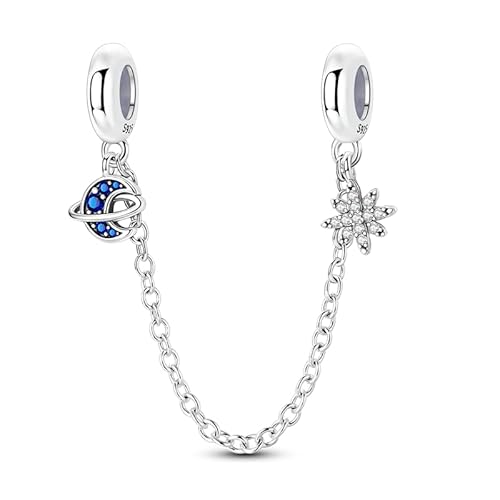 Stern und Mond Sicherheitskette Charm, 925 Sterling Silber Charm Armband Zubehör, kompatibel mit 3mm-4,5mm Armband von Teleye