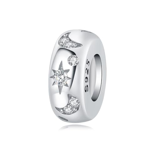 Stern und Mond eingelegt Stein Gummi Stecker Spacer Bead Charm, 925 Sterling Silber Charm Armband Zubehör, kompatibel mit Pandora Armband Halskette von Teleye
